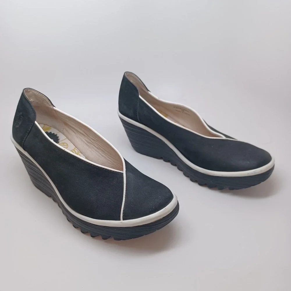 Fly London Black Nubuck Leather Asymmetrical Wedge Platform Pumps 38 or 7